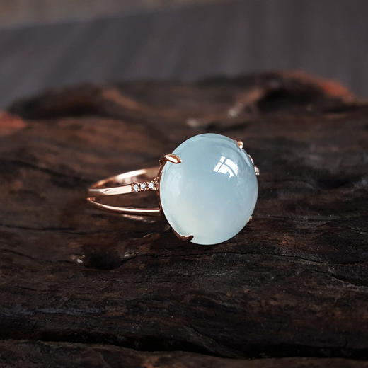 【天然正品】AU750玫瑰金镶钻镶天然冰种蛋面翡翠（吉祥、圆满）戒指16号（戒圈可改）220924TJ02 现售价：1880 商品图3