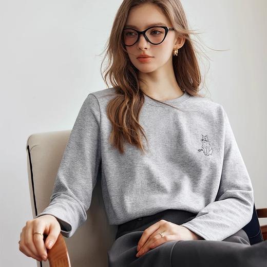 OLrain欧芮儿法式白色长袖T恤女夏季2023年新款宽松趣味水印上衣 商品图1