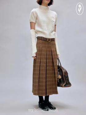 shyshystill/shy202408047/两色A字羊毛重工压线百褶裙中长款格纹半裙