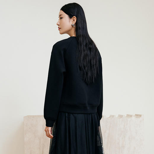 玳莎黑色压花圆领卫衣2024冬季新款通勤时尚休闲落肩袖内搭上衣女  ED32301 商品图3