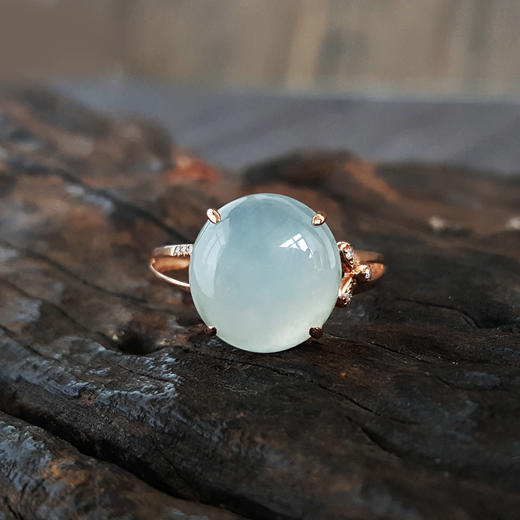 【天然正品】AU750玫瑰金镶钻镶天然冰种蛋面翡翠（吉祥、圆满）戒指16号（戒圈可改）220924TJ02 现售价：1880 商品图4