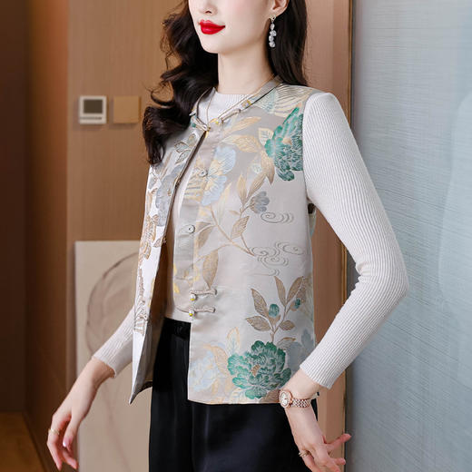 2024秋冬仿真丝提花新中式马甲背心K-353H9586 商品图1