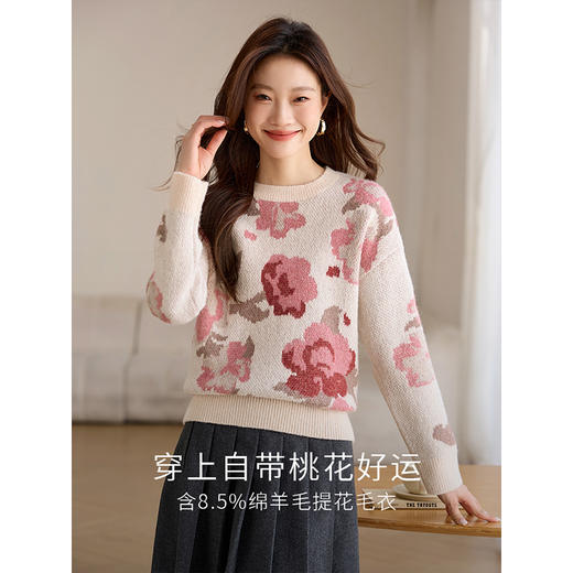 【年终特卖】熙世界含8.5%绵羊毛提花毛衣女秋冬新款马海毛圆领套头针织衫上衣 商品图1