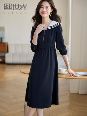 【专属特价】熙世界学院风撞色海军领连衣裙女2025年秋季新款收腰显瘦减龄裙子