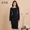 EITIE爱特爱秋季新款大气撞色腰线镂空圆领显瘦黑色连衣裙C2207014 商品缩略图0