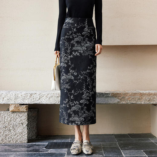 玳莎新中式提花半身裙女2024年秋冬新款显瘦国风复古气质直筒半裙  ED34302 商品图0