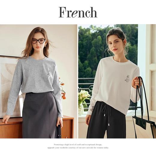 OLrain欧芮儿法式白色长袖T恤女夏季2023年新款宽松趣味水印上衣 商品图2