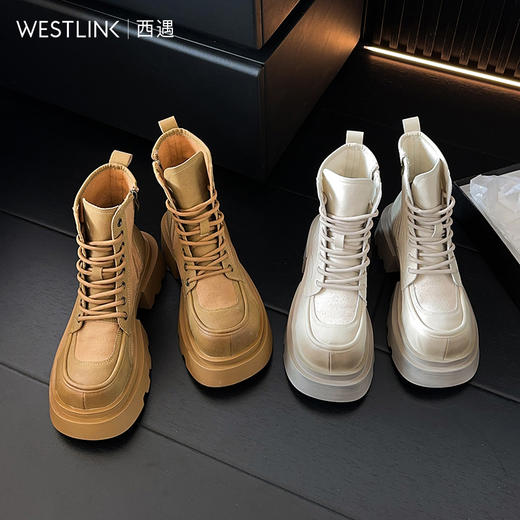 西遇厚底大黄靴马丁靴女新款秋冬英伦风显瘦圆头增高系带短靴V3747771 商品图4