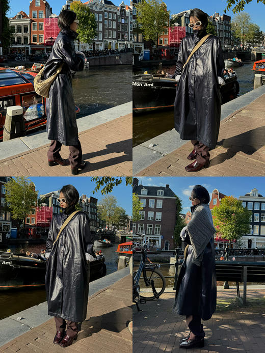 HIDEMI 日本进口亮面纸感纤维极简廓形设计感复古翻领式长款风衣 商品图1