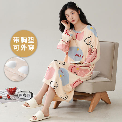 带胸垫长袖睡裙睡衣女秋季圆领卡通中长款宽松裙大码家居服可外穿 商品图12