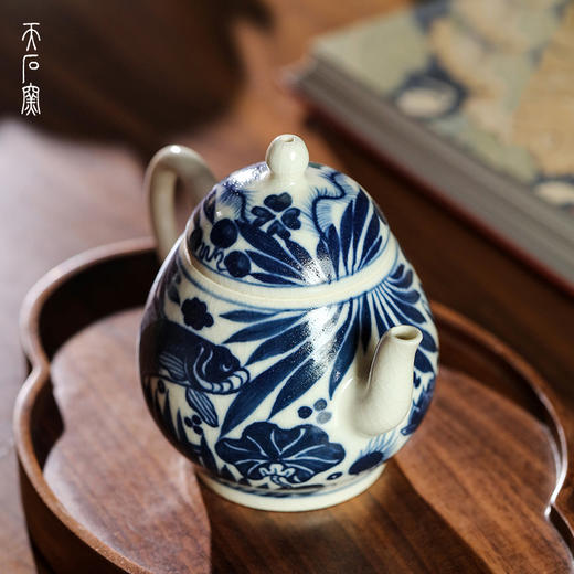 问鼎天石窑白陶泥元青花梨形壶（鱼藻纹） 商品图3