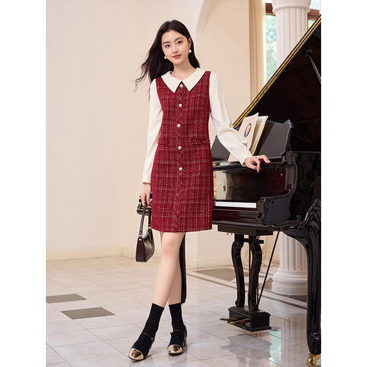 【专属特价】熙世界红色小香风假两件连衣裙女设计感粗花呢娃娃衬衫领裙子秋冬 商品图3