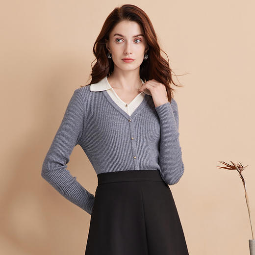 EITIE爱特爱气质假两件翻领V领显瘦修身灰色针织衫秋季新款C2401414 商品图2
