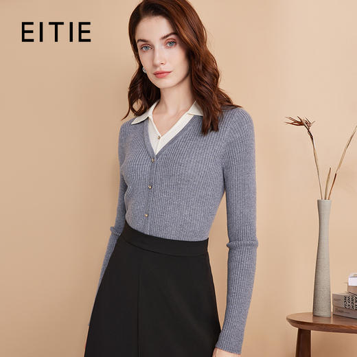 EITIE爱特爱气质假两件翻领V领显瘦修身灰色针织衫秋季新款C2401414 商品图0