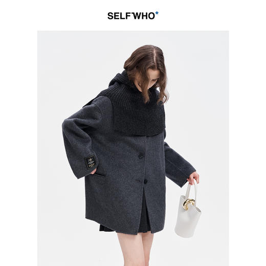 SELFWHO苏力绵羊毛澳洲进口可拆卸围巾领双面呢大衣女冬季新外套 商品图1