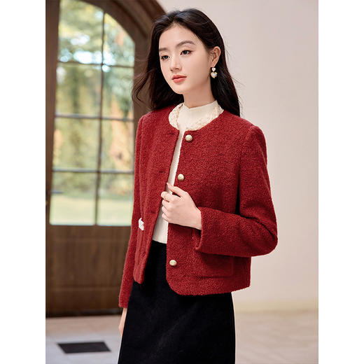 【年终特卖】熙世界*红色羊毛呢外套女短款软糯小香风呢子上衣2025秋冬新款 商品图2