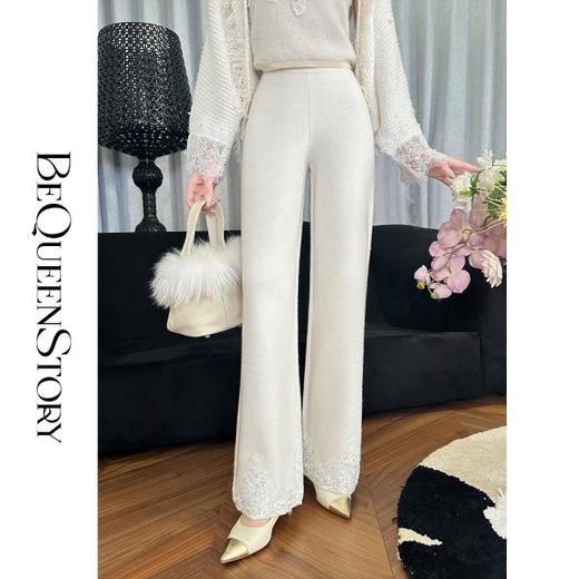 BeQueenStory【白影霜花】舒适柔软绵羊毛混纺绣花直筒阔腿休闲裤 商品图0