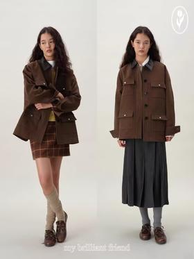 shyshystill/shy202408008/重工水洗棉好版型工装口袋格纹拼袖口拼领夹克