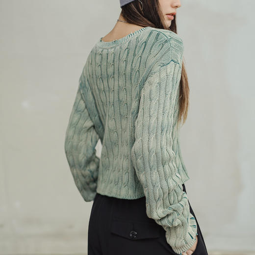 马登苔藓绿渐变绞花毛衣复古全棉圆领麻花套头针织衫短款上衣秋女 商品图4