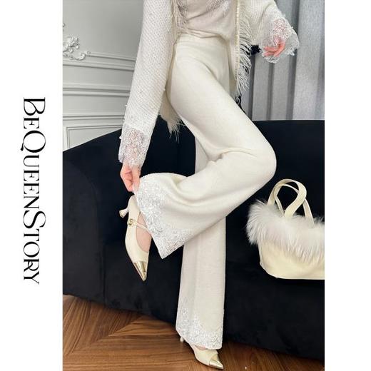 BeQueenStory【白影霜花】舒适柔软绵羊毛混纺绣花直筒阔腿休闲裤 商品图4