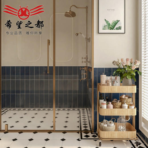 厨房赤贫法式背景卫生间蓝色长条砖奶茶餐厅风黑白网红地砖墙砖店 商品图2