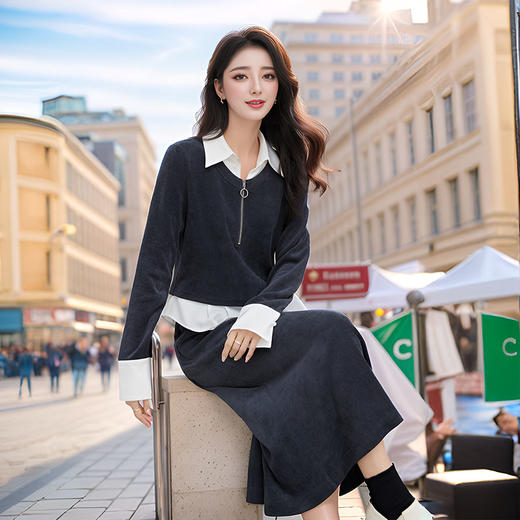 9/7奢姿大码女装2024秋季假两件上衣半身裙两件套胖妹妹POLO领套装9943991284 商品图0