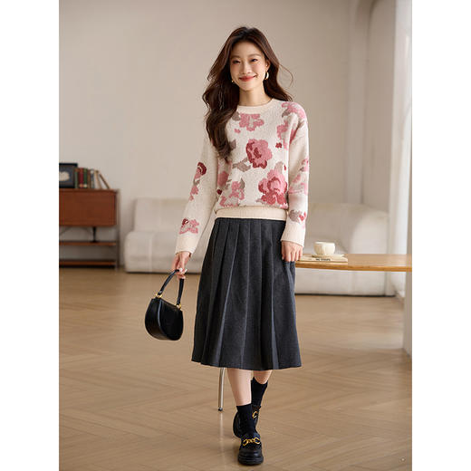 【年终特卖】熙世界含8.5%绵羊毛提花毛衣女秋冬新款马海毛圆领套头针织衫上衣 商品图4