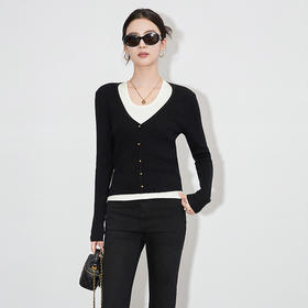 【高货wl】全新升级【铂金会员201/天猫269/差价68】(34912) 洛诗琳法式简约羊毛早秋女装V领长袖背心开衫撞色两件套