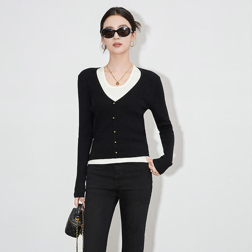 【高货wl】全新升级【铂金会员201/天猫269/差价68】(34912) 洛诗琳法式简约羊毛早秋女装V领长袖背心开衫撞色两件套 商品图0