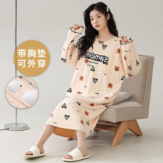 带胸垫长袖睡裙睡衣女秋季圆领卡通中长款宽松裙大码家居服可外穿 商品图3