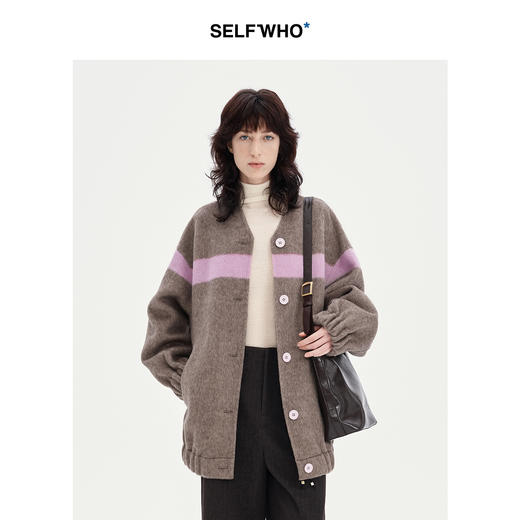 SELFWHO绵羊毛桑蚕丝混纺撞色双面呢外套女款2024秋冬微茧型上衣 商品图0