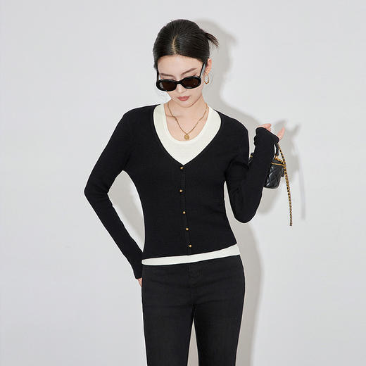【高货wl】全新升级【铂金会员201/天猫269/差价68】(34912) 洛诗琳法式简约羊毛早秋女装V领长袖背心开衫撞色两件套 商品图2