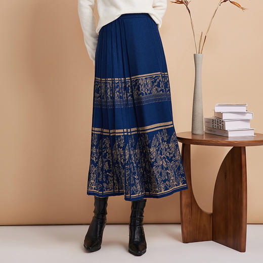 EITIE爱特爱新中式印花百褶仿马面裙高腰针织半身裙秋季新款C2406422 商品图7