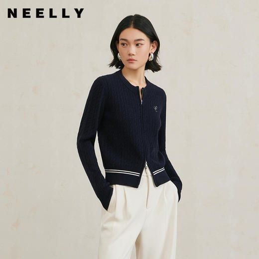 NEELLY纳俪商场同款冬季新款学院风肌理感针织衫女纯羊毛开衫毛衣N24101A01005 商品图0