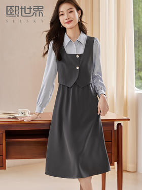 【专属特价】熙世界假三件套连衣裙女2025秋款气质收腰显瘦衬衫翻领拼接裙子