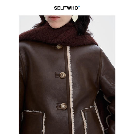 SELFWHO复古酒红棕pu皮草外套女秋冬2024新款皮毛一体设计感夹克 商品图2