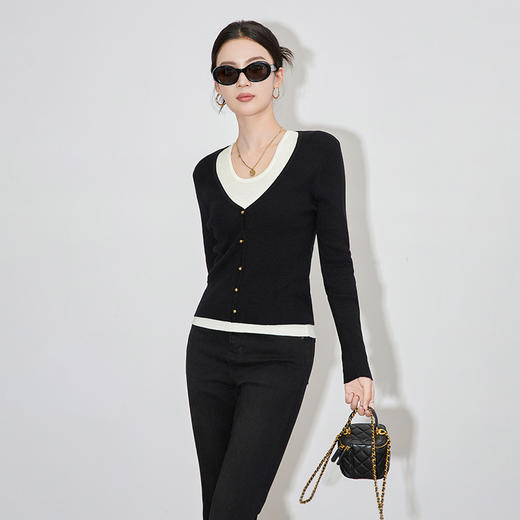 【高货wl】全新升级【铂金会员201/天猫269/差价68】(34912) 洛诗琳法式简约羊毛早秋女装V领长袖背心开衫撞色两件套 商品图1