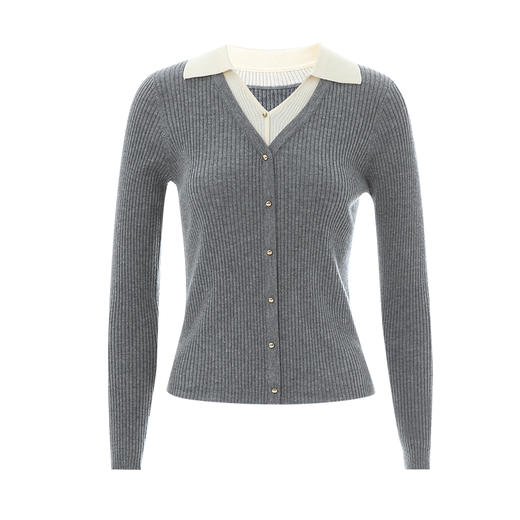 EITIE爱特爱气质假两件翻领V领显瘦修身灰色针织衫秋季新款C2401414 商品图5