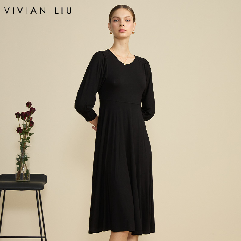 VIVIAN LIU薇薇安刘R2447401初秋女装新款圆领合体长袖连衣裙