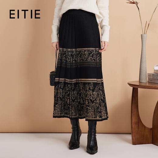 EITIE爱特爱新中式印花百褶仿马面裙高腰针织半身裙秋季新款C2406422 商品图0