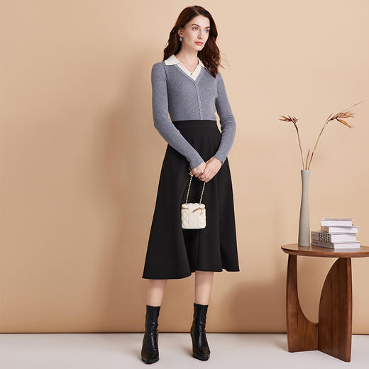 EITIE爱特爱气质假两件翻领V领显瘦修身灰色针织衫秋季新款C2401414 商品图3