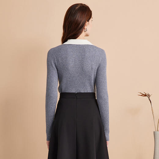 EITIE爱特爱气质假两件翻领V领显瘦修身灰色针织衫秋季新款C2401414 商品图4