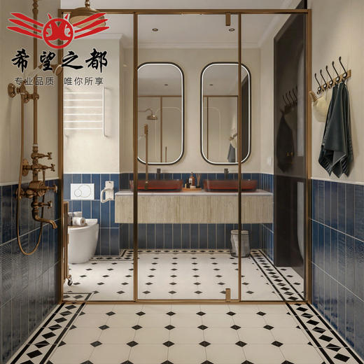 厨房赤贫法式背景卫生间蓝色长条砖奶茶餐厅风黑白网红地砖墙砖店 商品图0