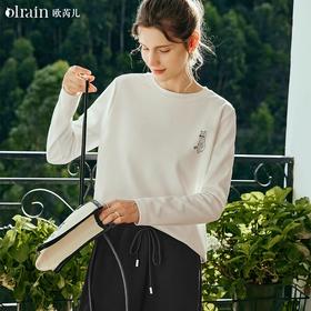 OLrain欧芮儿法式白色长袖T恤女夏季2023年新款宽松趣味水印上衣