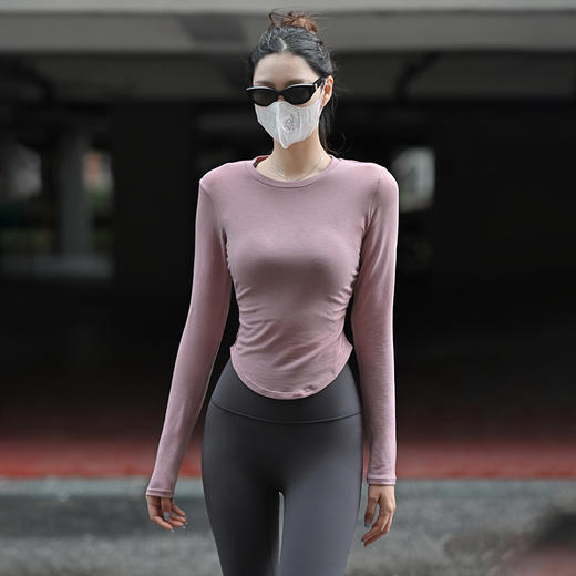 Beemen瑜伽服运动上衣女秋冬外穿收腰落肩打底长袖t恤 商品图0