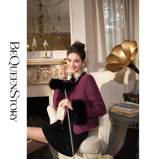 BeQueenStory【黑玫公爵】复古摩登气质毛边圆领白ya绒小香风外套 商品图2