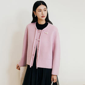 玳莎粉色圆领毛呢外套女2024年系带设计感绵羊毛双面呢保暖大衣  ED37309