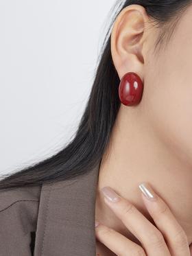 Oflye潮流饰品  小众设计高级感酒红色椭圆金属耳钉耳环女新款法式耳饰潮
