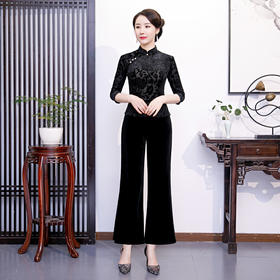 改良丝绒旗袍七分袖立领唐装上衣XL2258