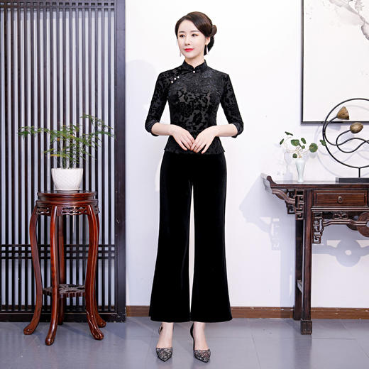 改良丝绒旗袍七分袖立领唐装上衣XL2258 商品图0